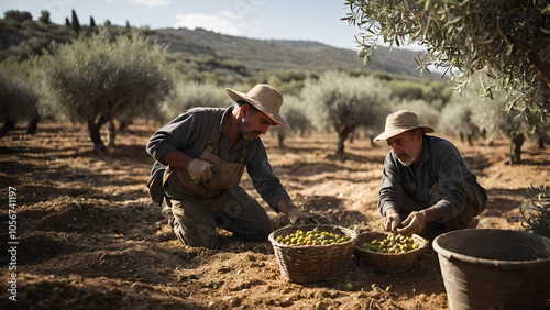 Jornalero durante la recolección de la aceituna en los campos de olivos de Andalucía, España. Oficio, trabajo, agricultura, campo