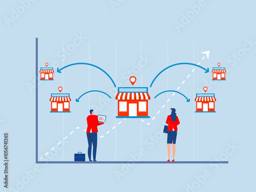 Franchise, global business expansion opportunities to expand a shop,startup strategy,connecting arrows vector illustration