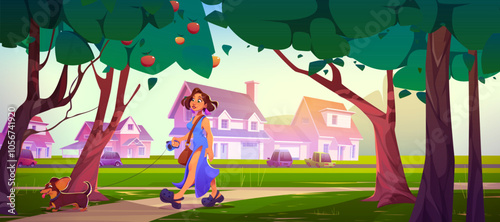 Young woman walking dog in town street. Vector cartoon illustration of female character and cute playful puppy in sunny summer park with apple trees and green lawn, cars parked near suburban houses