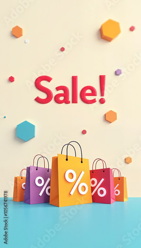 Colorful shopping bags with sale promotion on a light background featuring copy space