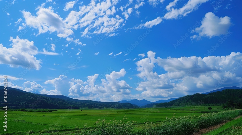 Fototapeta premium The allure of a landscape filled with the beauty of blue sky, fluffy white clouds, majestic high mountains, and vibrant green plants. Generative AI