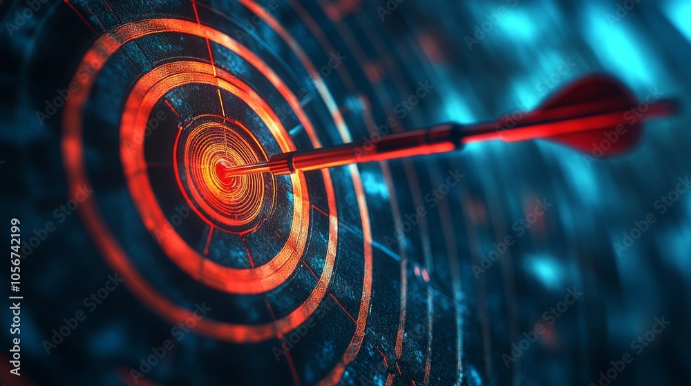 Fototapeta premium Red Arrow Striking the Center of a Glowing Digital Target
