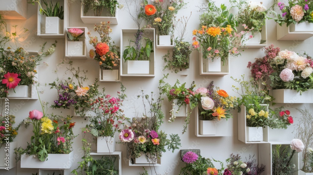 Fototapeta premium A wall adorned with white wooden boxes filled with colorful flowers