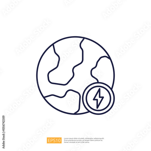 A simple line drawing of Earth with abstract landmasses and a lightning bolt symbol, emphasizing environmental themes and energy.