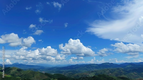 The allure of a landscape filled with the beauty of blue sky, fluffy white clouds, majestic high mountains, and vibrant green plants. Generative AI