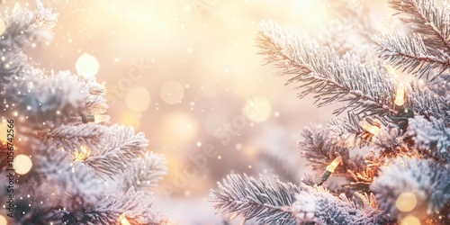 Winter background with frosted branches and glowing lights, surrounded by bokeh. Festive web banners, holiday invitations, greeting cards, copy space