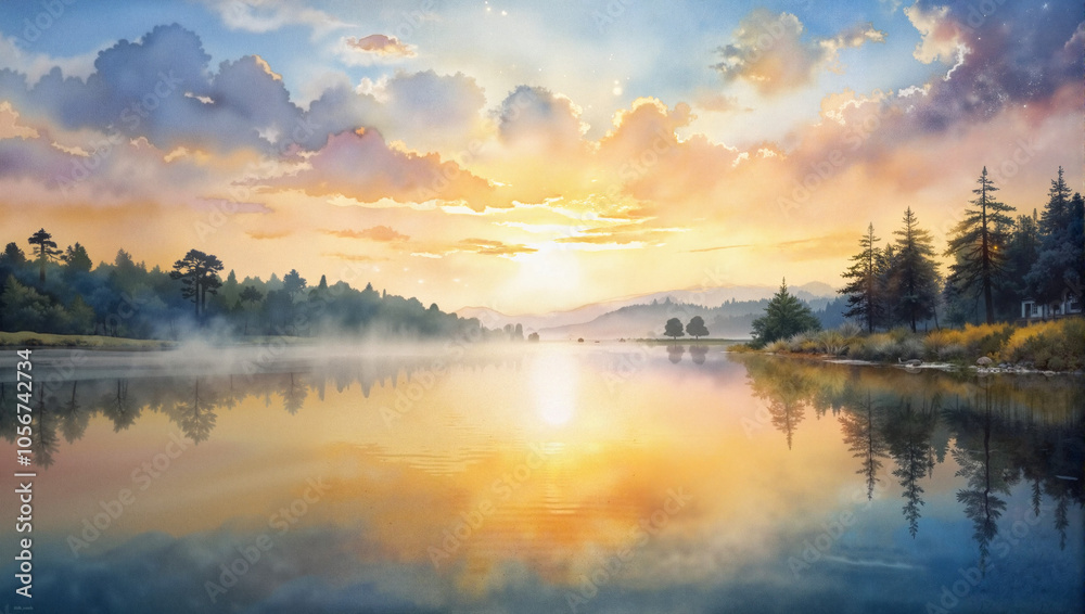Fototapeta premium Peaceful lake at sunrise with reflections and colorful clouds