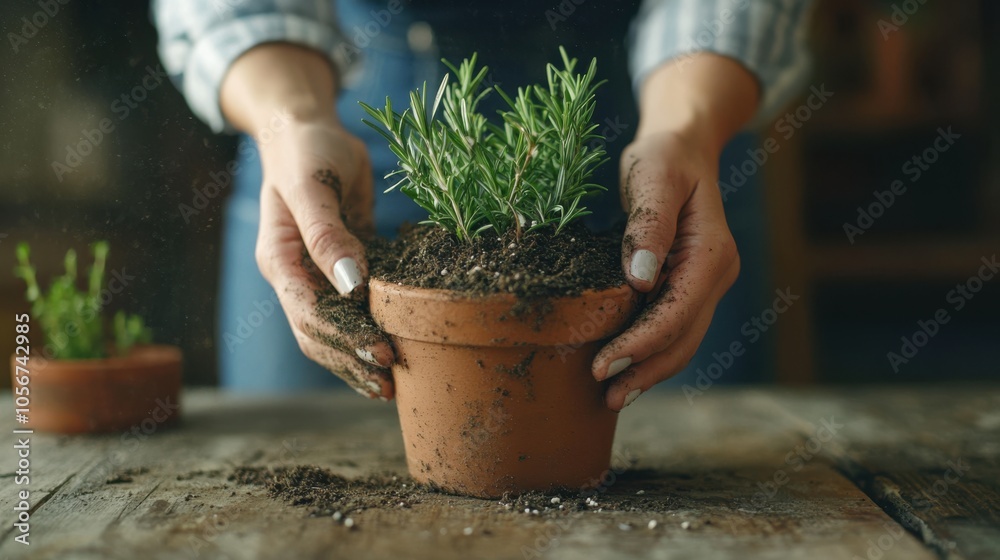 A woman transplanting rosemary into a pot, soil gently falling A woman transplanting rosemary into a pot, soil gently falling