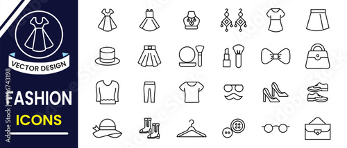 Fashion icon, vector set with outline. Fashion, beauty, clothes and shoe icon set. Outline icon set collection. Fashion icon Editable stroke. Vector illustration.