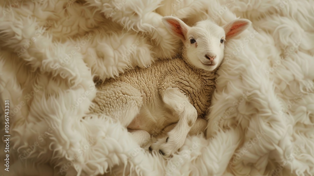 A baby lamb is laying on a blanket. The lamb is cute and fluffy. The blanket is white and soft A baby lamb is laying on a blanket. The lamb is cute and fluffy. The blanket is white and soft