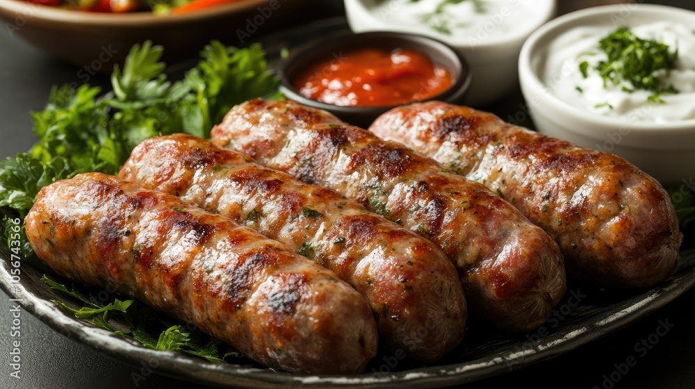 Grilled Sausages Served with Fresh Herbs and Dips Grilled Sausages Served with Fresh Herbs and Dips