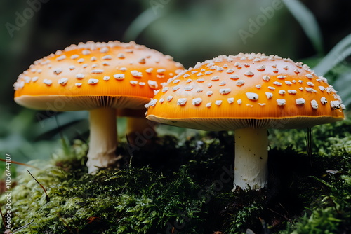 Three orange mushrooms with white spots, Generative AI