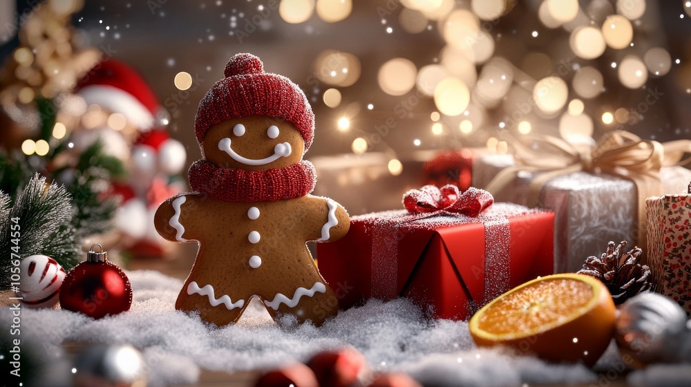 A festive gingerbread man wearing a red scarf stands smiling amidst gift boxes and snow, surrounded by warm glowing lights and holiday cheer.