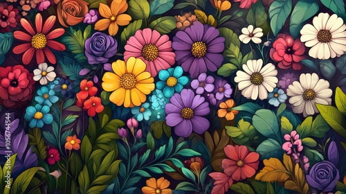 An intricate PNG illustration of a colorful garden full of blooming flowers,