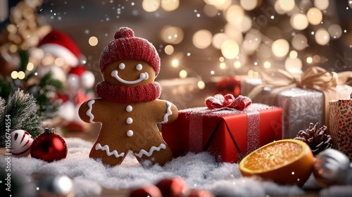 A festive gingerbread man wearing a red scarf stands smiling amidst gift boxes and snow, surrounded by warm glowing lights and holiday cheer.