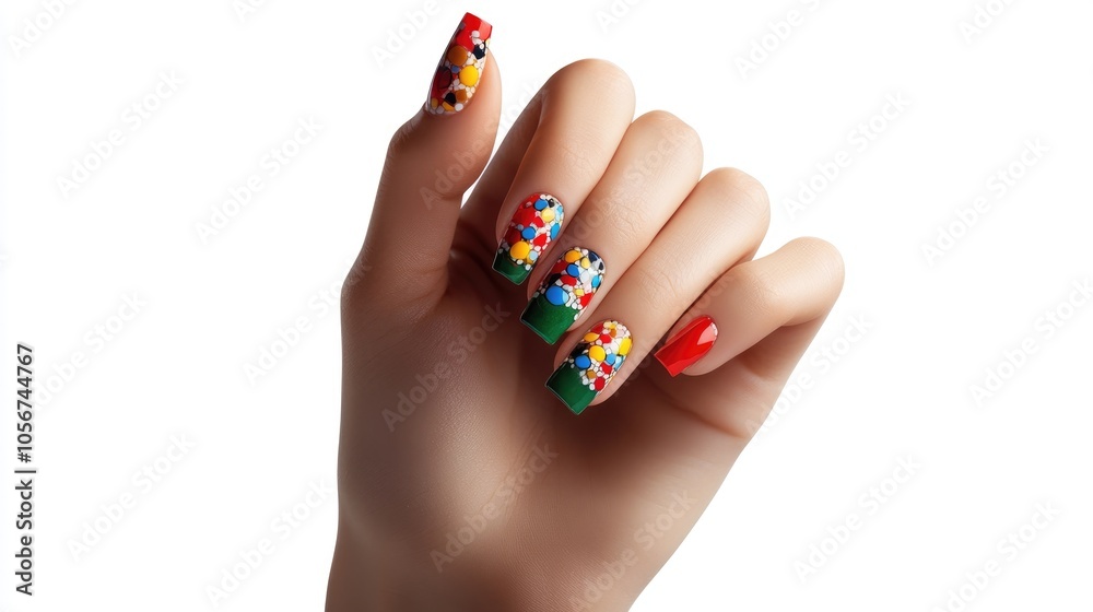 Fototapeta premium Female hand showcasing nail art against a white background