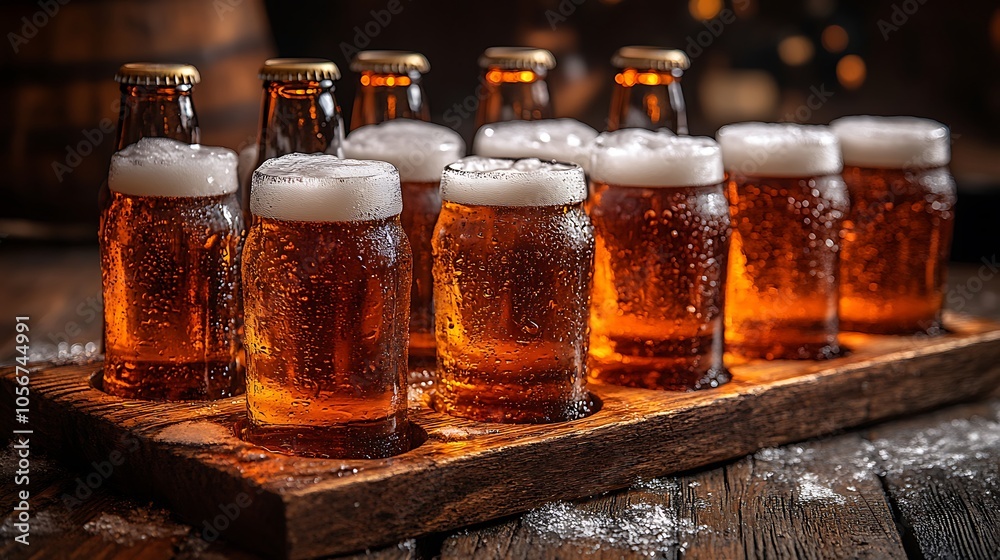 Wooden table scene with frosty glasses and golden beer bottles Wooden table scene with frosty glasses and golden beer bottles