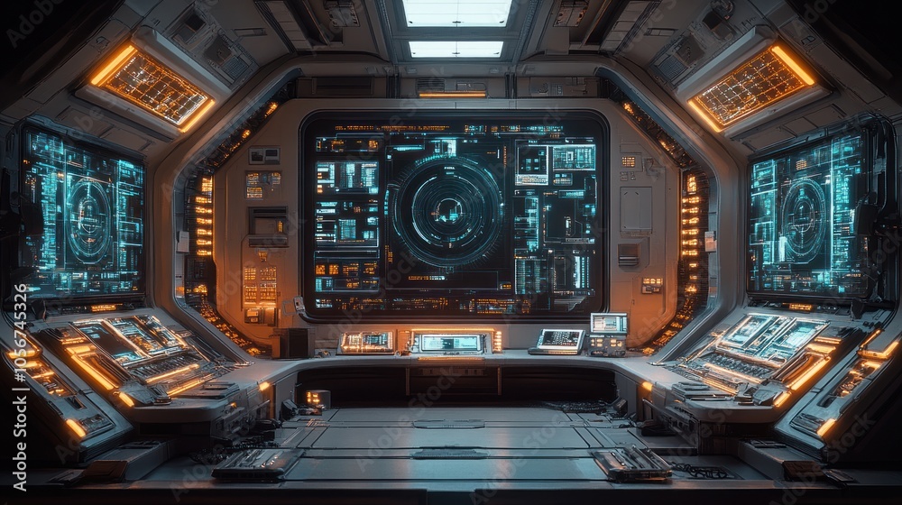 Obraz premium Futuristic control room with advanced screens and interfaces.