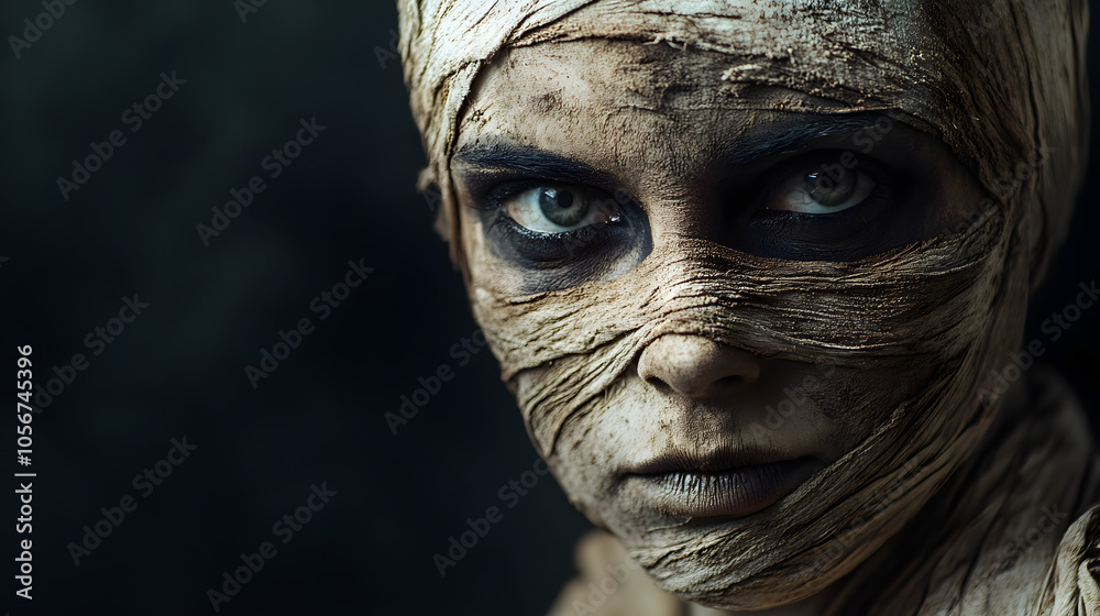 A classic mummy look with bandages and dusty makeup. A classic mummy look with bandages and dusty makeup.