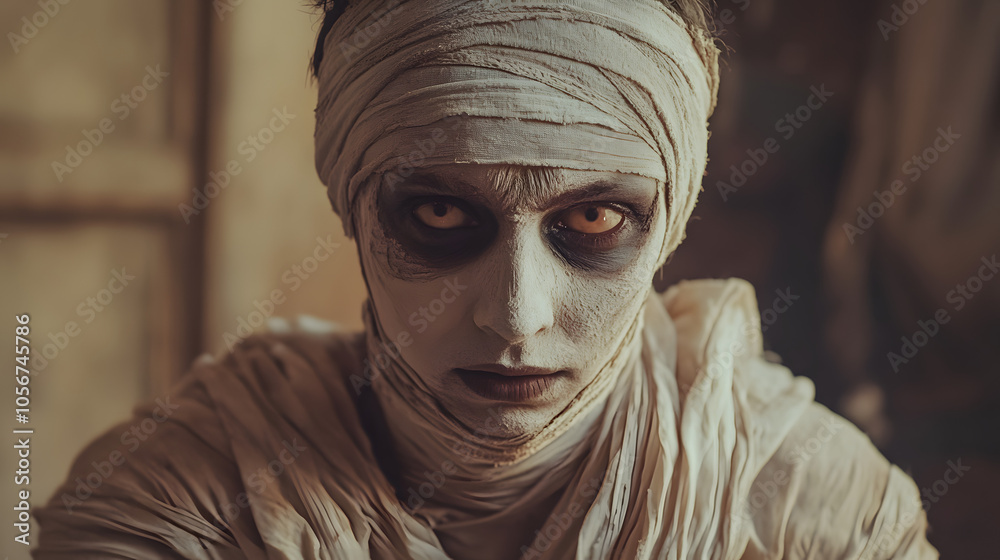 A classic mummy look with bandages and dusty makeup.