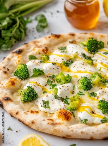 A heavenly combination of mozzarella and broccoli sits atop a perfectly cooked pizza crust, offering a delightful, health-conscious culinary experience, illuminated.