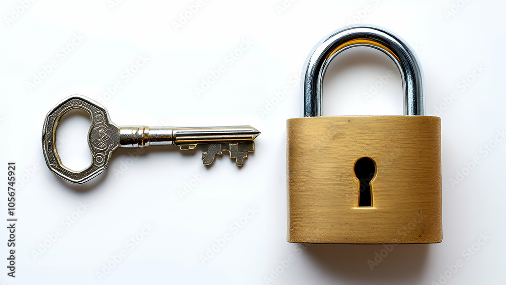 Silver Key and Gold Padlock on White Background Silver Key and Gold Padlock on White Background