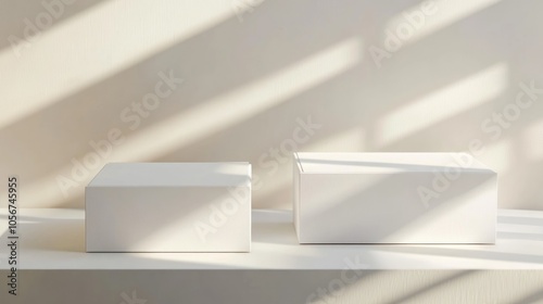 Two empty white mockup boxes Small cardboard containers displayed on a light backdrop photo