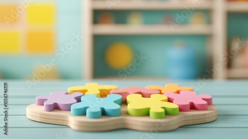 Colorful wooden puzzle pieces arranged on a table, ideal for children's play and educational activities in a bright, cheerful setting. photo