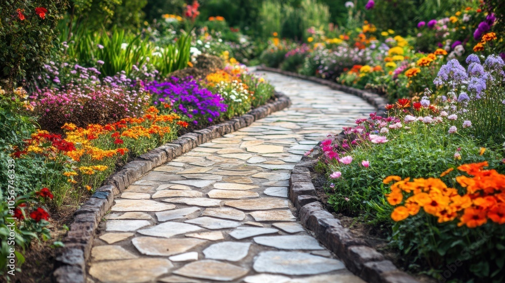 Beautifully arranged garden walkway with an abundance of colorful flowers, Beautifully arranged garden walkway with an abundance of colorful flowers,