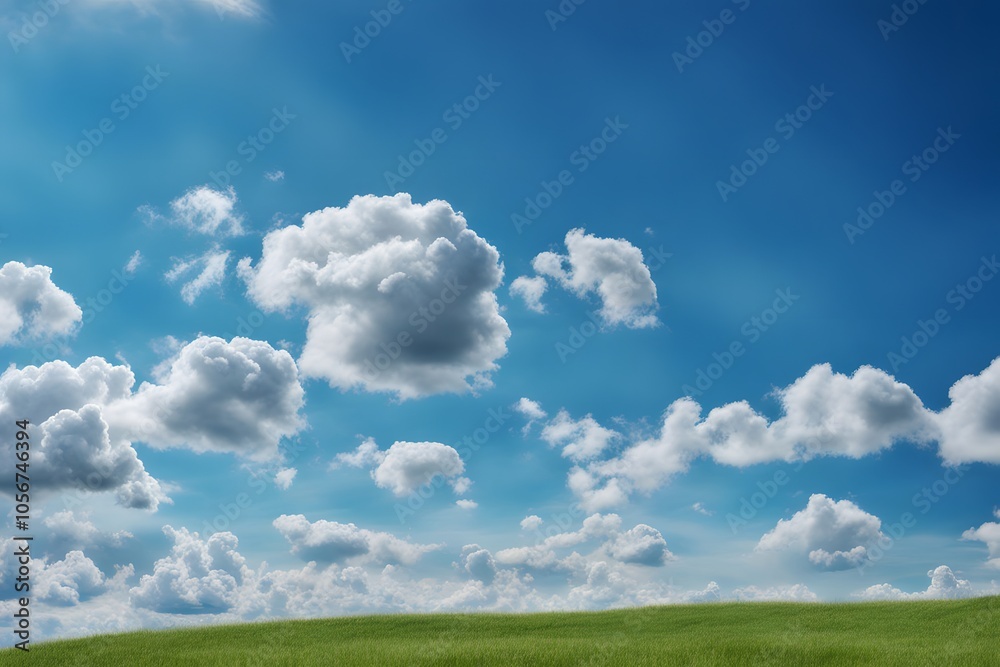 A bright blue sky scattered with small fluffy clouds over a green meadow, Ai Generated A bright blue sky scattered with small fluffy clouds over a green meadow, Ai Generated