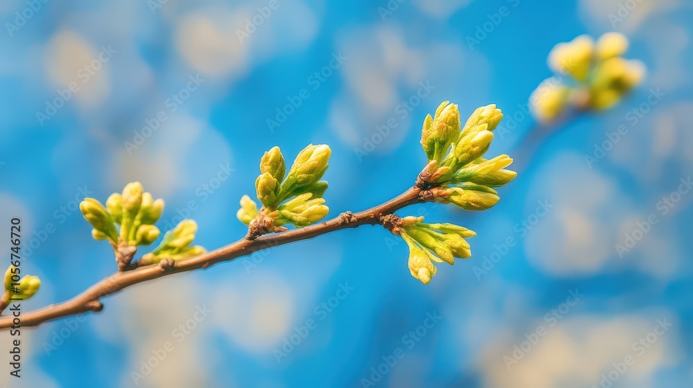 Fresh buds on a branch against a bright blue sky, symbolizing the beauty and renewal of springtime. Fresh buds on a branch against a bright blue sky, symbolizing the beauty and renewal of springtime.