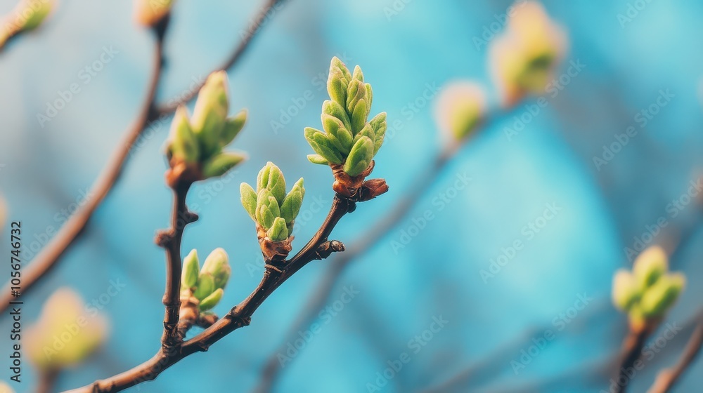 Fresh green buds emerge from branches, symbolizing renewal and growth against a soft blue backdrop in nature. Fresh green buds emerge from branches, symbolizing renewal and growth against a soft blue backdrop in nature.