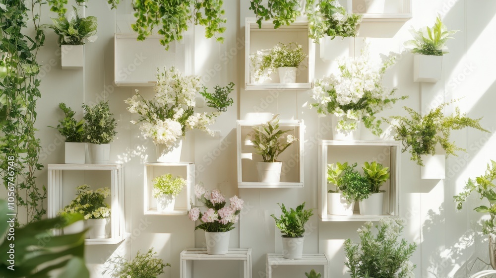 Beautifully arranged white wooden boxes filled with flowers and greenery Beautifully arranged white wooden boxes filled with flowers and greenery