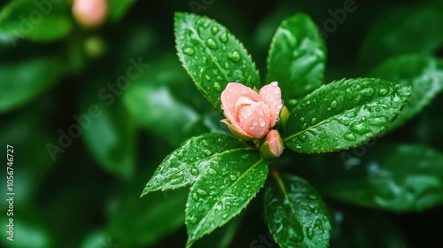 Fresh flower bud surrounded by vibrant green leaves glistening with droplets of water, showcasing nature's beauty and vitality.