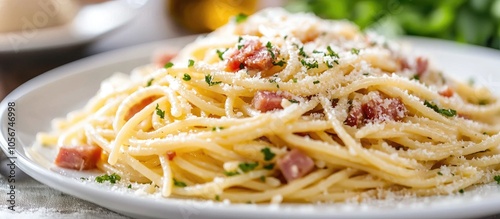 Spaghetti Cabonara With Ham Spaghetti Cabonara On Plate Close Up photo