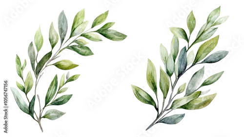 Green Watercolor Twigs With Leaves on Transparent Background Generative AI