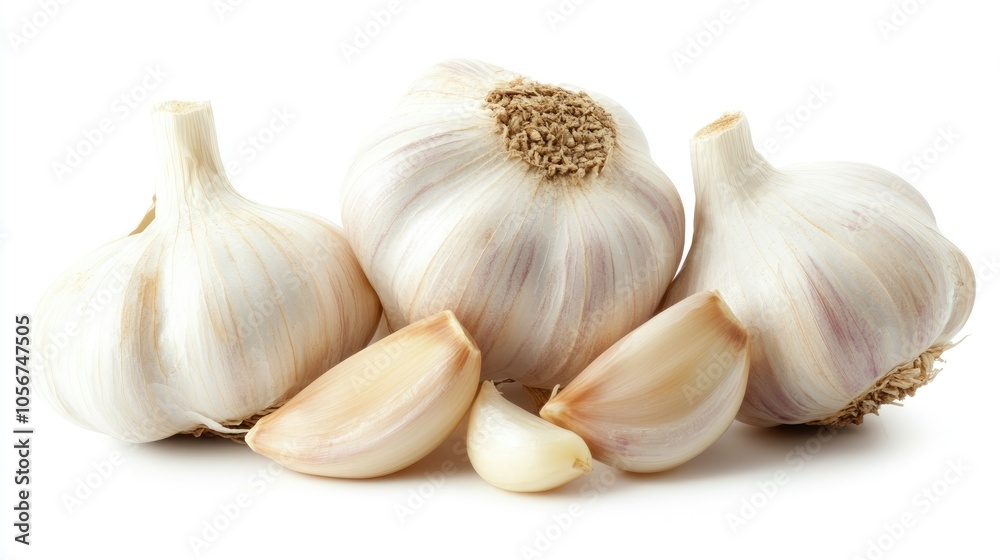 Garlic bulbs and cloves arranged on a white background Garlic bulbs and cloves arranged on a white background