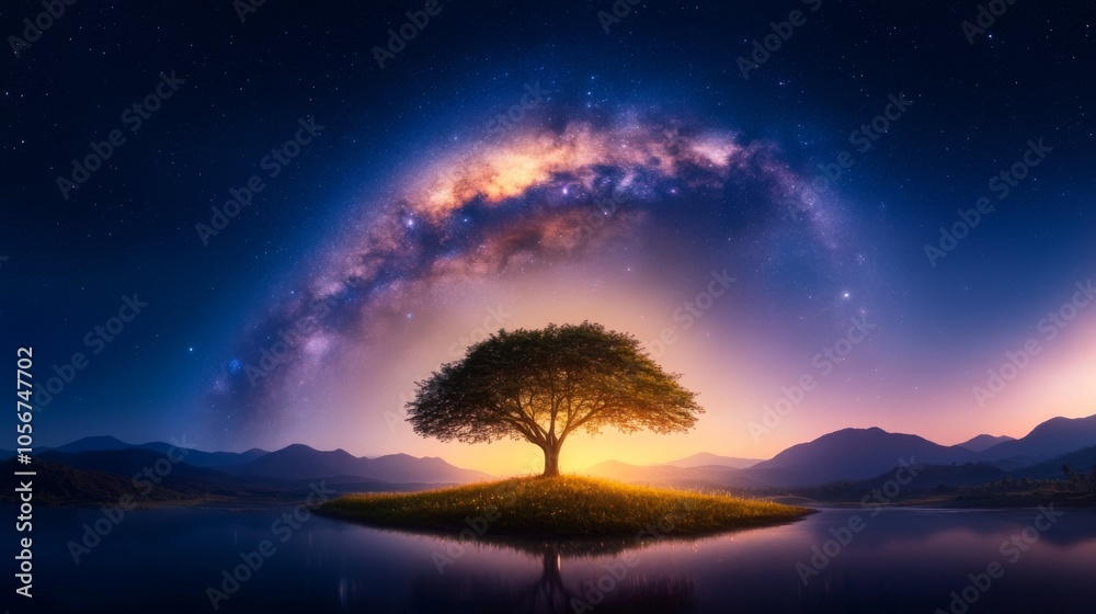 Majestic tree under a starry sky by the serene lake Majestic tree under a starry sky by the serene lake