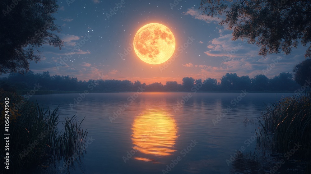 A serene moonlit lake scene reflecting a bright full moon. A serene moonlit lake scene reflecting a bright full moon.