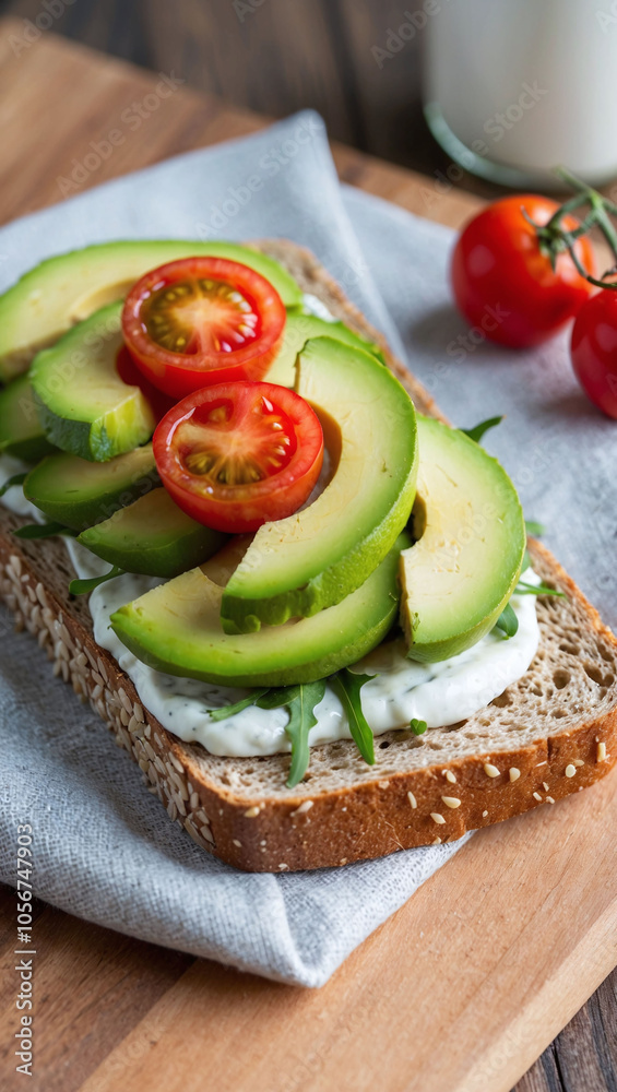 Organic sprouted grain bread topped with fresh avocado and cherry tomatoes Organic sprouted grain bread topped with fresh avocado and cherry tomatoes