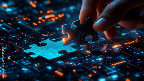 Finger placing a jigsaw puzzle piece on a digital, Generative AI