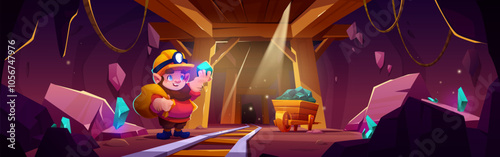 Mine cave with crystal treasure game background. Underground tunnel with fantasy gem rock and rail road construction for cartoon adventure. Mining diamond shaft for amethyst inside old mountain