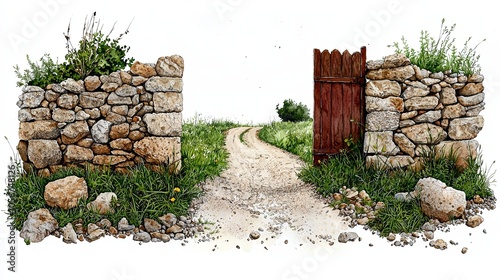 A rustic stone gate opens to a serene dirt path, inviting exploration through lush greenery, ideal for nature lovers and wanderers.