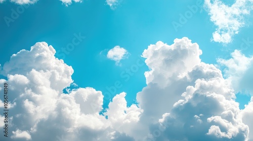 Fluffy white clouds contrast with a bright blue sky at the frame s base featuring ample copy space Ideal for a natural sky backdrop photo