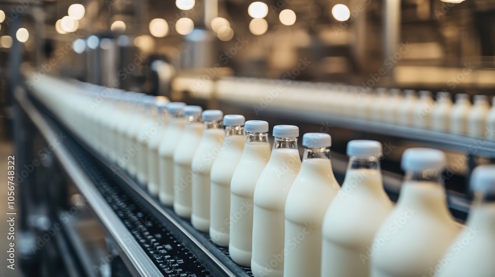 Milk bottles arranged on a factory conveyor belt showcasing the dairy production process Milk bottles arranged on a factory conveyor belt showcasing the dairy production process