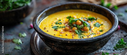 Indian Cuisine Kadhi Vegetarian Curry Made Of Buttermilk And Chick Pea Flour Served In A Bowl Or Karahi Over Moody Background Selective Focus