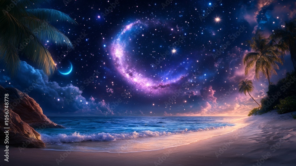 Fototapeta premium Serene beach under a cosmic night sky