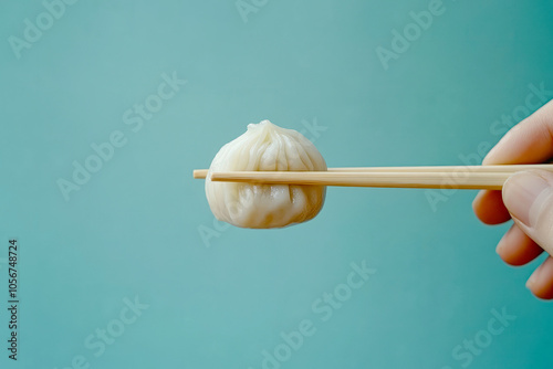 A chinese steamed dumpling held with chopsticks