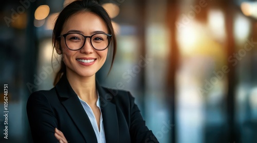 Smiling Professional Portrait of a Confident Chinese American Accountant: Studio Shot, Neutral Background, and High-Resolution Lifestyle Photography.