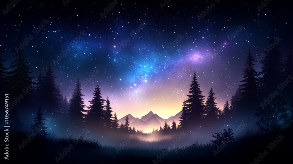 Fototapeta premium Enchanted night sky over tranquil forest landscape